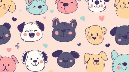 Obraz premium This whimsical pattern showcases a variety of dog faces with cheerful expressions against a soft background, offering space for personalized text. Generative AI