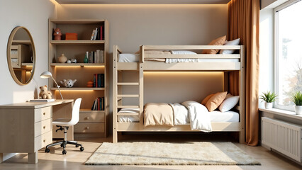 Modern design child's bedroom with double bunk beds. Generative AI. IMAGE 2025