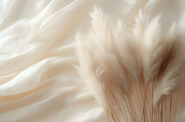 Fototapeta premium Soft pampas grass arranged elegantly on a light background with flowing fabric in natural tones