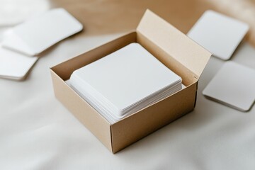 Empty cardboard box filled with blank playing cards on a table at home
