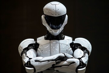 a white robot with complex design, square head, full body shot, crossed arms, spotlighting, black background, standing