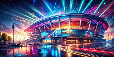 Fototapeta premium A Futuristic Stadium Design with Vibrant Lighting and Innovative Sports Architecture Showcasing Modern Aesthetics in a Vintage Style Photography Approach