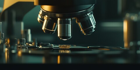 A close-up of an optical microscope with adjustable knobs, focused on a sample slide, with soft lab lighting.