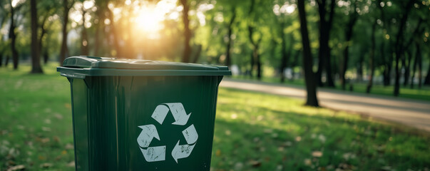 Green trash can garbage with white recycle logo title icon against nature background in park, environment and pollution concept.