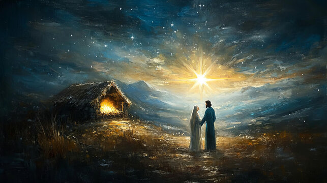 stract oil painting of an 8-pointed Christmas star in the air above the manger scene.	
