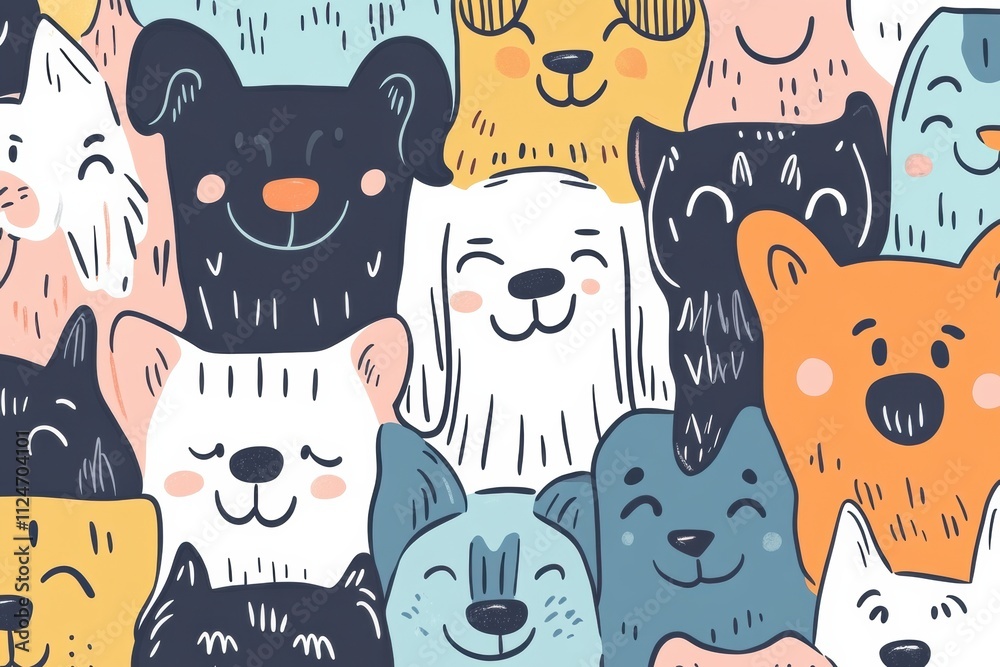 Aufkleber colorful doodle pattern showcases various dog faces, providing an engaging backdrop with ample copy 