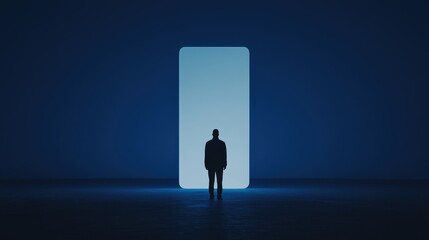 Obraz premium Cinematic low-angle perspective of a figure standing before a luminous rectangle at night