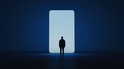 Obraz premium Cinematic low-angle shot featuring a person standing near a large glowing screen