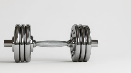 Naklejka premium Silver dumbbell on white background, fitness concept, ample space for text.