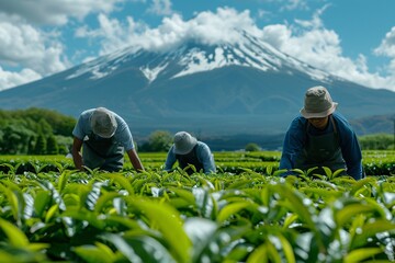 Workers are meticulously picking tea leaves in a lush green field with Mount Fuji towering majestically in the background under a bright blue sky filled with clouds