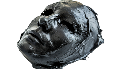 A black mask sculpture resting on a flat surface showcases intricate details and a glossy finish under soft lighting on transparent background