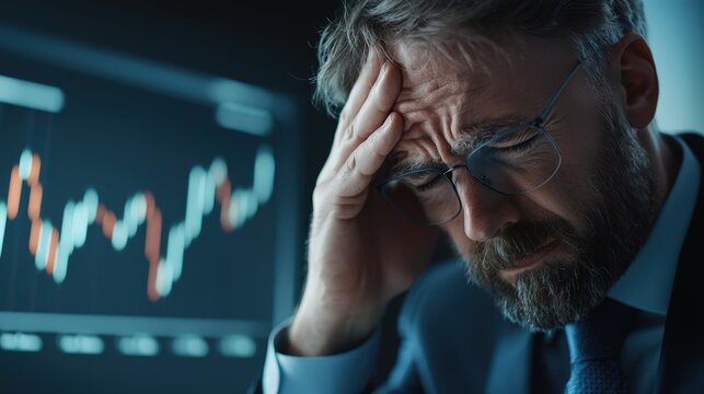 Weary businessman analyzing fluctuating market trends in a dimly lit office at night