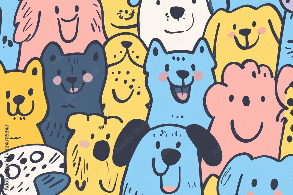 Poster bright and colorful doodles showcase a variety of dog faces, each expressing joy and curiosity, perf