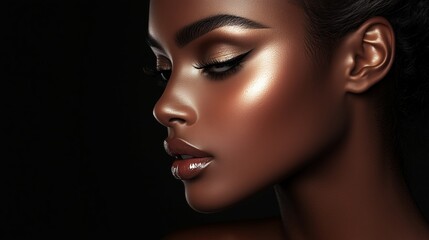 Fototapeta premium Stunning beauty portrait highlighting radiant skin and elegant makeup in low light environment