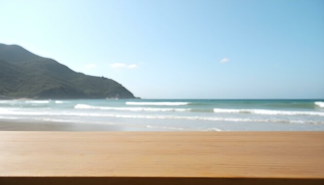 brown wooden table at the front with the beach and mountain as background for background or design using for product display montage