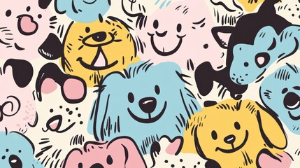 Colorful doodles of various dog faces express joy, curiosity, and playfulness, surrounded by empty space for additional text. Generative AI
