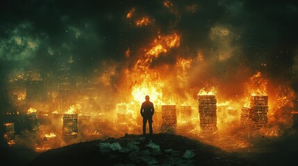 Fototapeta premium Person stands boldly on hilltop as fires engulf the cityscape in the distance