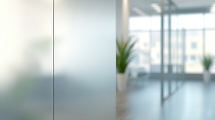 A modern office space with frosted glass partitions and greenery, creating a professional and inviting atmosphere.