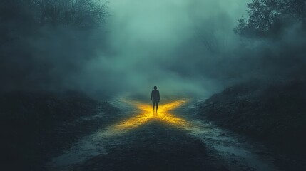 Person standing at a foggy crossroads illuminated by a warm glow in the early morning