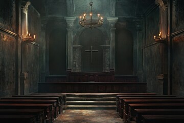 Dark and eerie interior of an abandoned chapel with wooden pews and a cross
