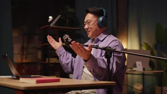 Close up asian content creator man talking on podcast on laptop with headphones and microphone interview conversation at night broadcast studio. Home. 360 degrees. Camera moving around