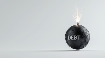 Hyper-realistic black atom bomb symbolizing financial debt with a lit fuse