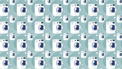Seamless pattern with washing machines on blue background. Vector illustration