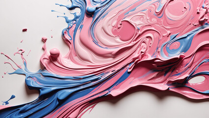 Abstract painting with swirls of pink, blue, and white paint.

