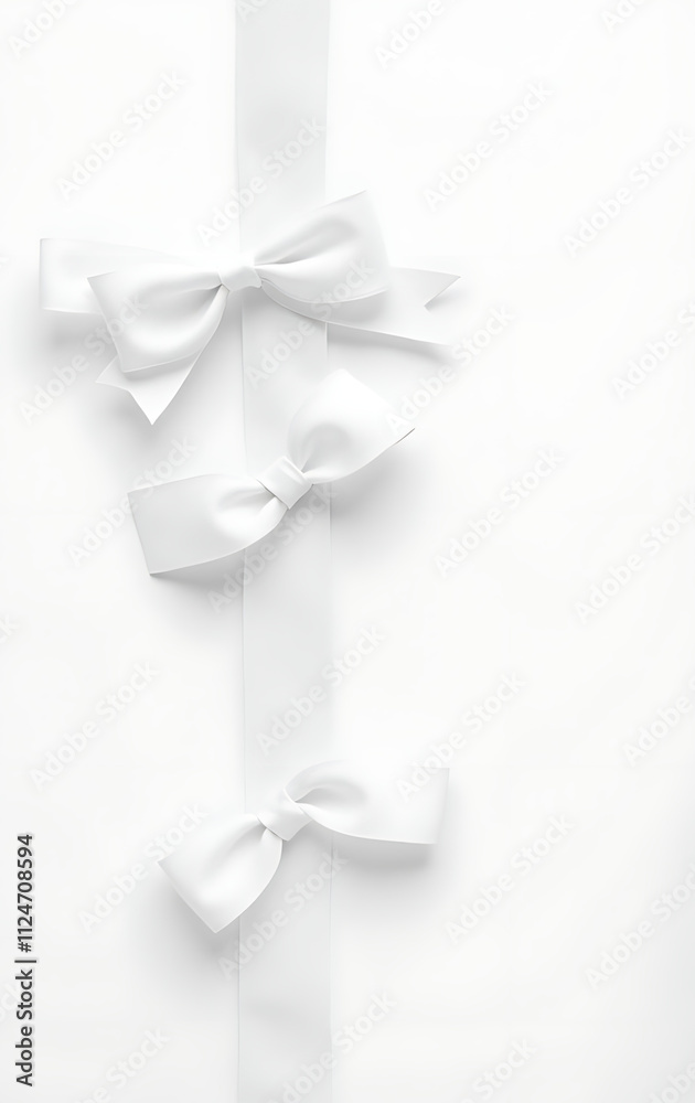 Poster white ribbon bows are intricately tied together against a plain white backdrop creating a serene and