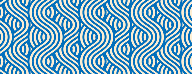Pasta background, vector ramen noodle blue and white seamless wave pattern. Oriental asian food, spaghetti texture with geometric wavy lines. Poster or wallpaper with abstract italian meal ornaments