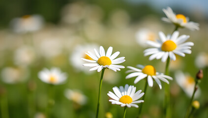 Fototapeta premium Wild daisies fill a field, their delicate petals visible in sharp detail when viewed through a macro lens up close._00001_