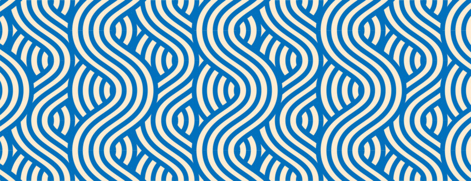 Pasta background, vector ramen noodle blue and white seamless wave pattern. Oriental asian food, spaghetti texture with geometric wavy lines. Poster or wallpaper with abstract italian meal ornaments
