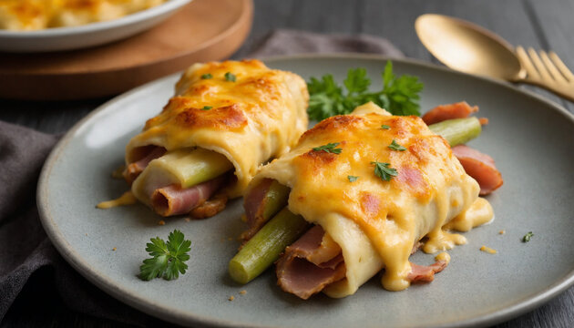 Chicon au gratin in close-up style in golden, white colors for appetizing dish representation
