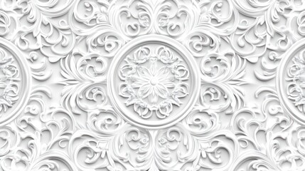 A detailed white ornamental pattern featuring intricate floral designs and circular motifs, suitable for backgrounds or decorative purposes.