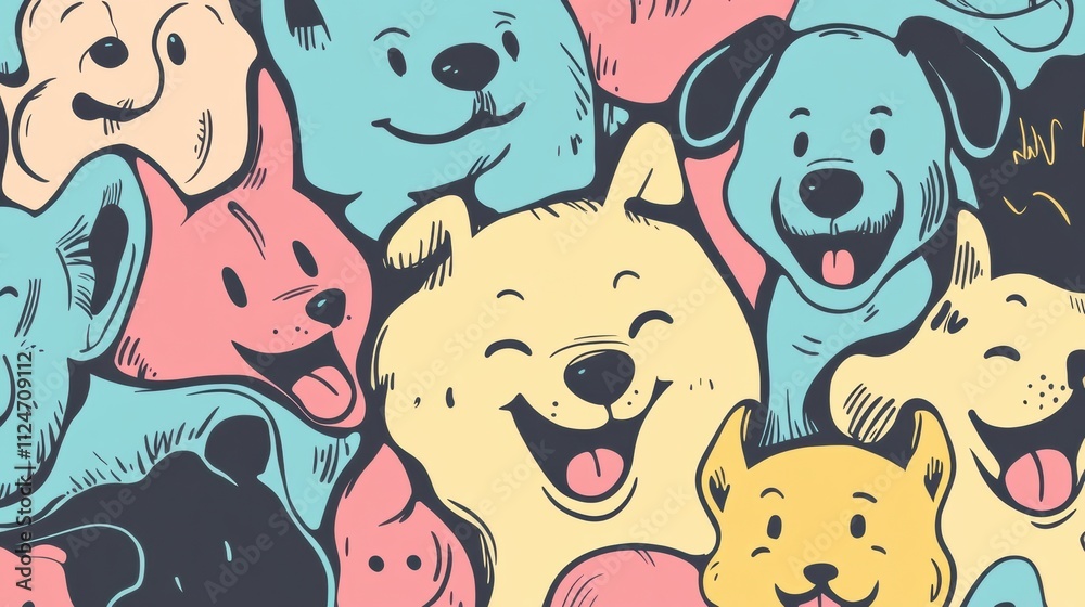 Aufkleber a vibrant doodle showcases joyful dog faces filled with curiosity and playfulness, featuring diverse