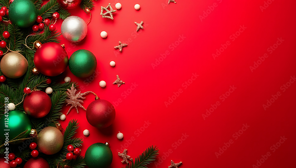 Poster Vibrant red background showcases festive Christmas decorations and ornaments in a colorful and visually appealing holiday display arrangement._00001_