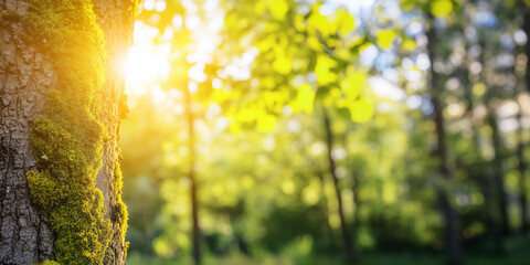 Old tree in forest covered with green moss against natural background, environment ecology wallpaper.