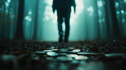 Low-angle dolly shot of a person walking through a mystical forest filled with coins