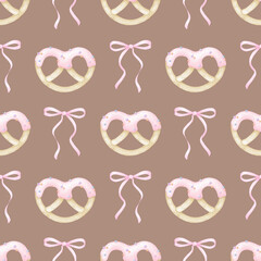 Cookies in icing, bow. Watercolor seamless pattern in pastel colors for textile and paper. Cute watercolor illustration of holiday baking