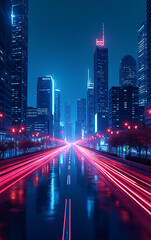 Fototapeta premium Urban cityscape with neon lights and modern technology concept in abstract digital illustration style for high tech background designs._00001_