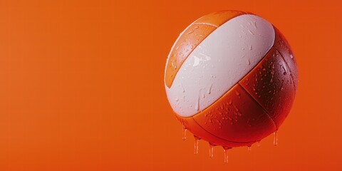 volleyball team skill concept. A vibrant orange background features a wet beach ball, highlighting its colorful design and playful essence.