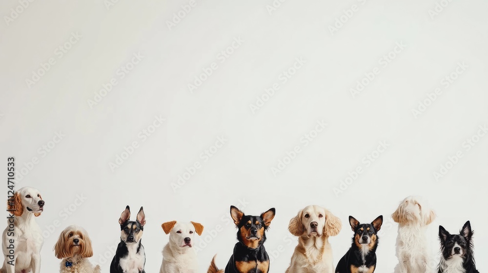 Poster a diverse group of dogs, varying in breed and size, sits together, showcasing their unique features 