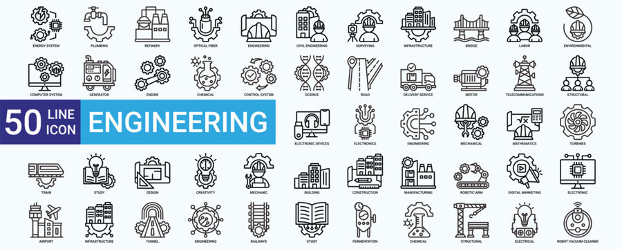 Engineering icon set with energy system, civil, infrastructure, labor, environmental, structural, electronics, mechanical, design and construction 