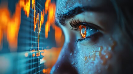 Close-up of a focused eye analyzing financial data on a screen