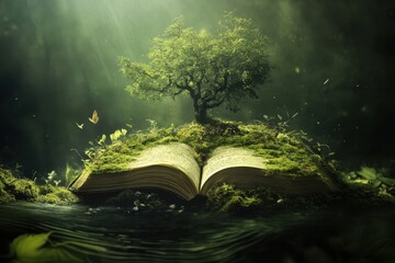 Open book with a tree and moss in an enchanted forest landscape during daylight