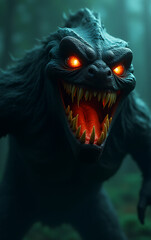 Naklejka premium The creature had a terrifying grin and blazing eyes that seemed to pierce through everything it saw at night._00001_