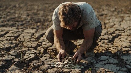 Person collecting coins on cracked ground in a dry landscape during daylight hours