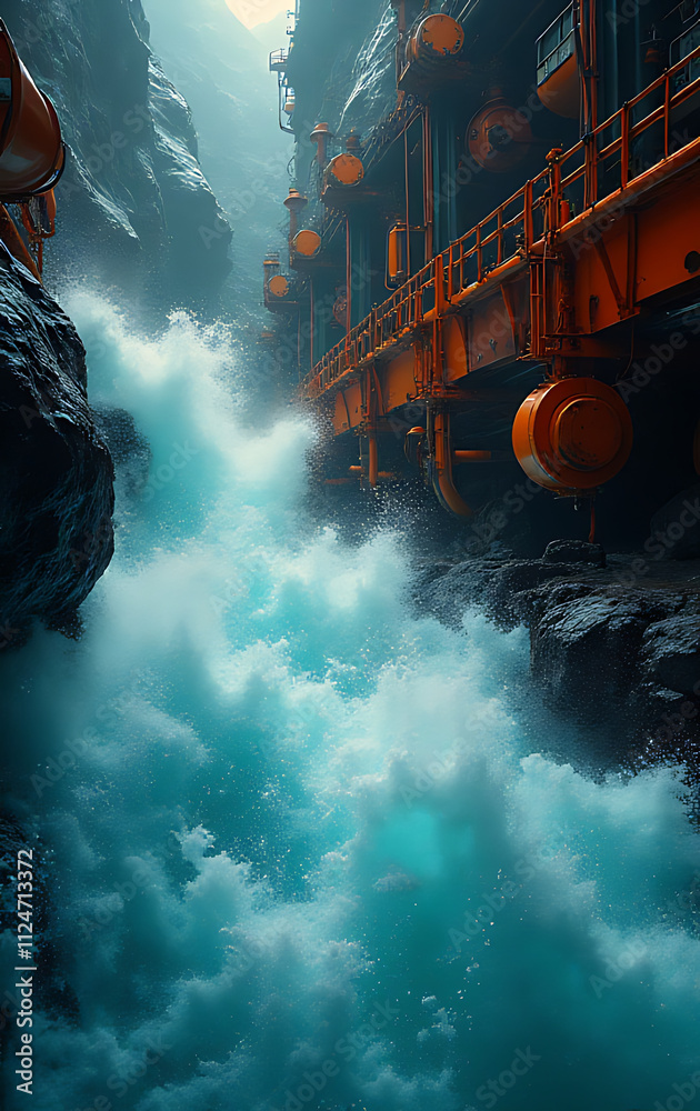 Poster Swirling water and vibrant machinery create a dynamic interplay of light and water in a captivating and intriguing atmosphere of exploration._00001_
