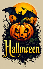 Spooky Halloween lettering design features a bold logo with a pumpkin, bat, and intricate spider web details in elegant calligraphy style._00001_