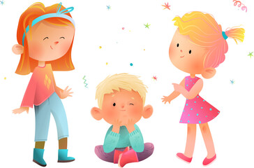 Children boy and girls of different age isolated clipart set. Happy kids friends characters in different clothes posing. Vector childhood characters illustration clip art for kids design.